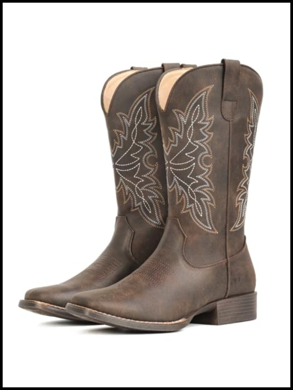 Women's Square Toe Western Cowgirl Mid Calf Pull On Boots Faux Leather